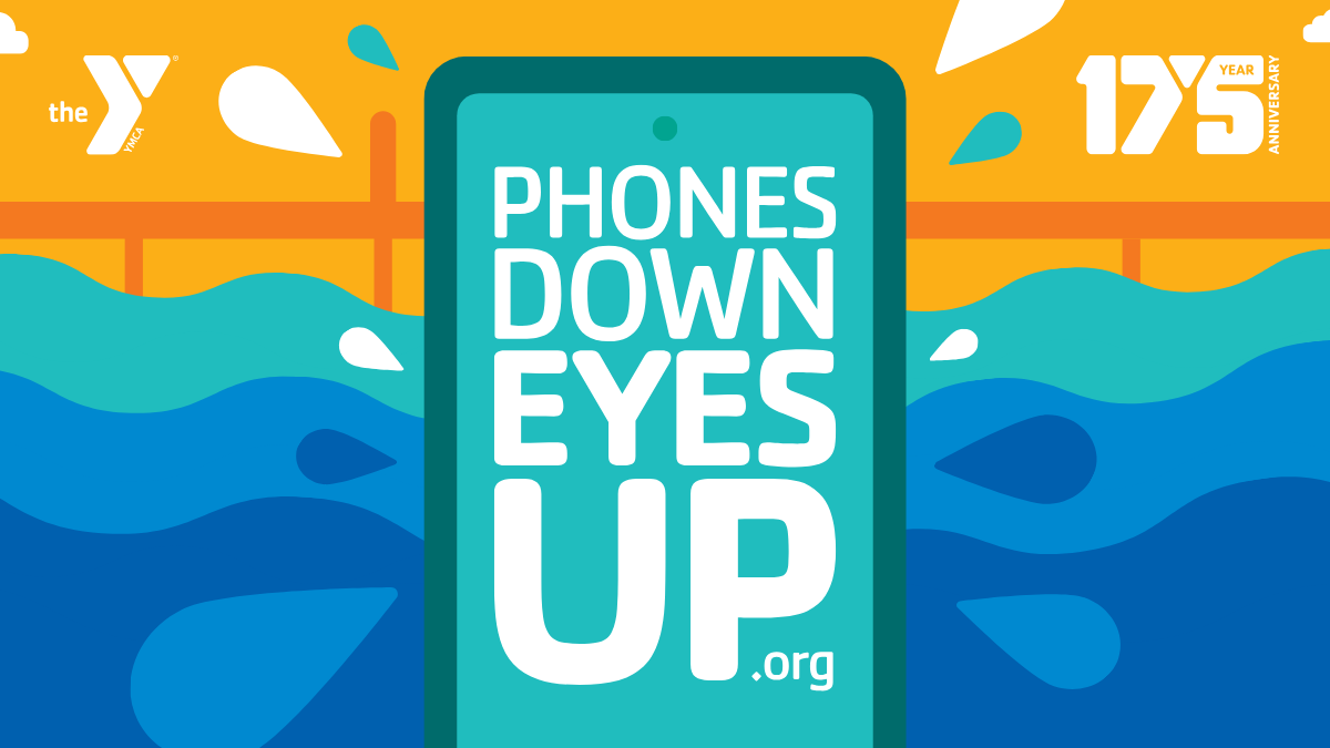 graphic of cell phone showing name of Y's Phones Down Eyes Up campaign